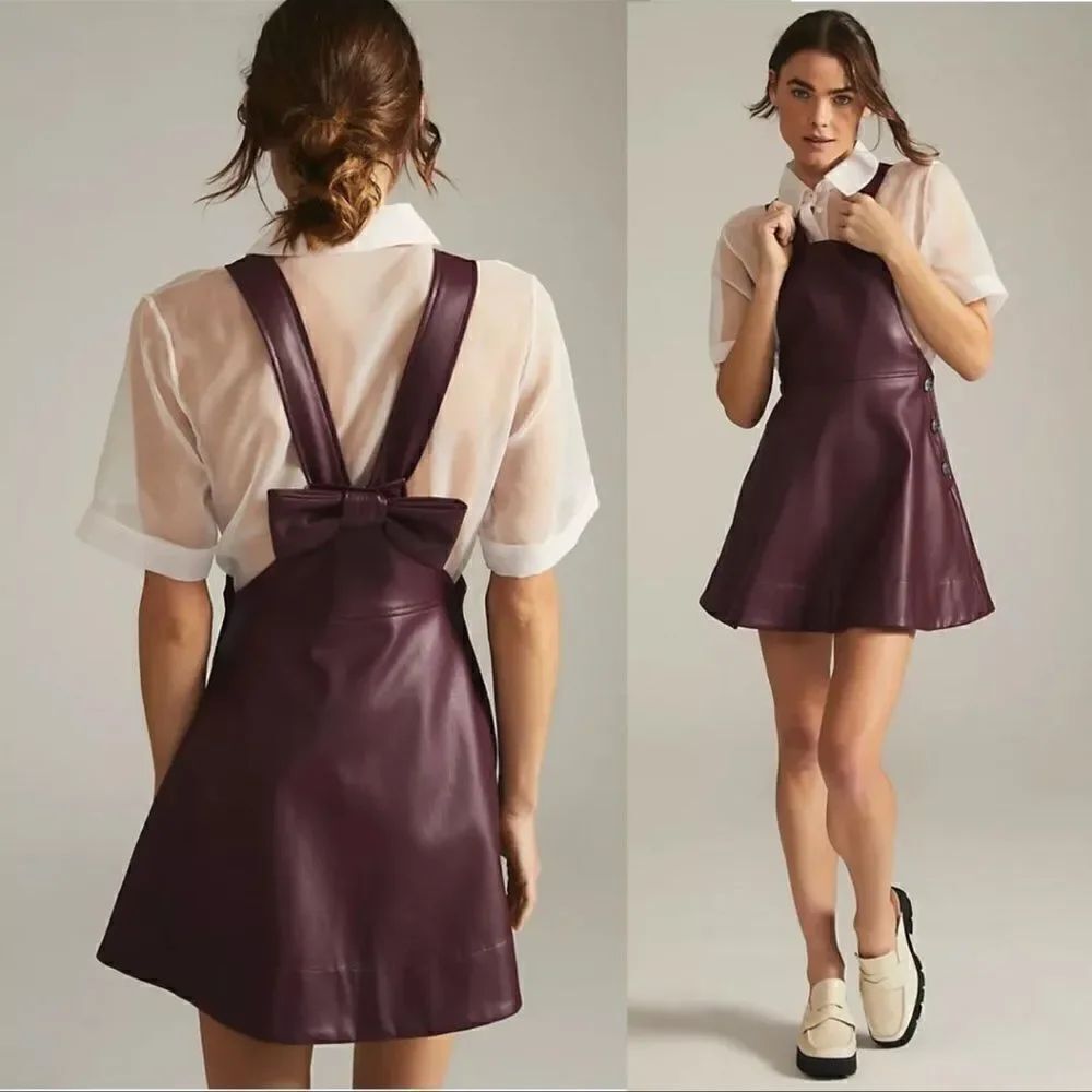 Anthropologie Maeve Faux Leather Pinafore In Plum NEW Size Small